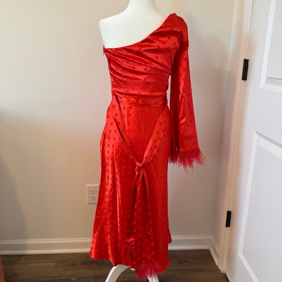 VICI Margaux Satin Feather Trim Midi Dress (NWT!)β - Picture 8 of 12
